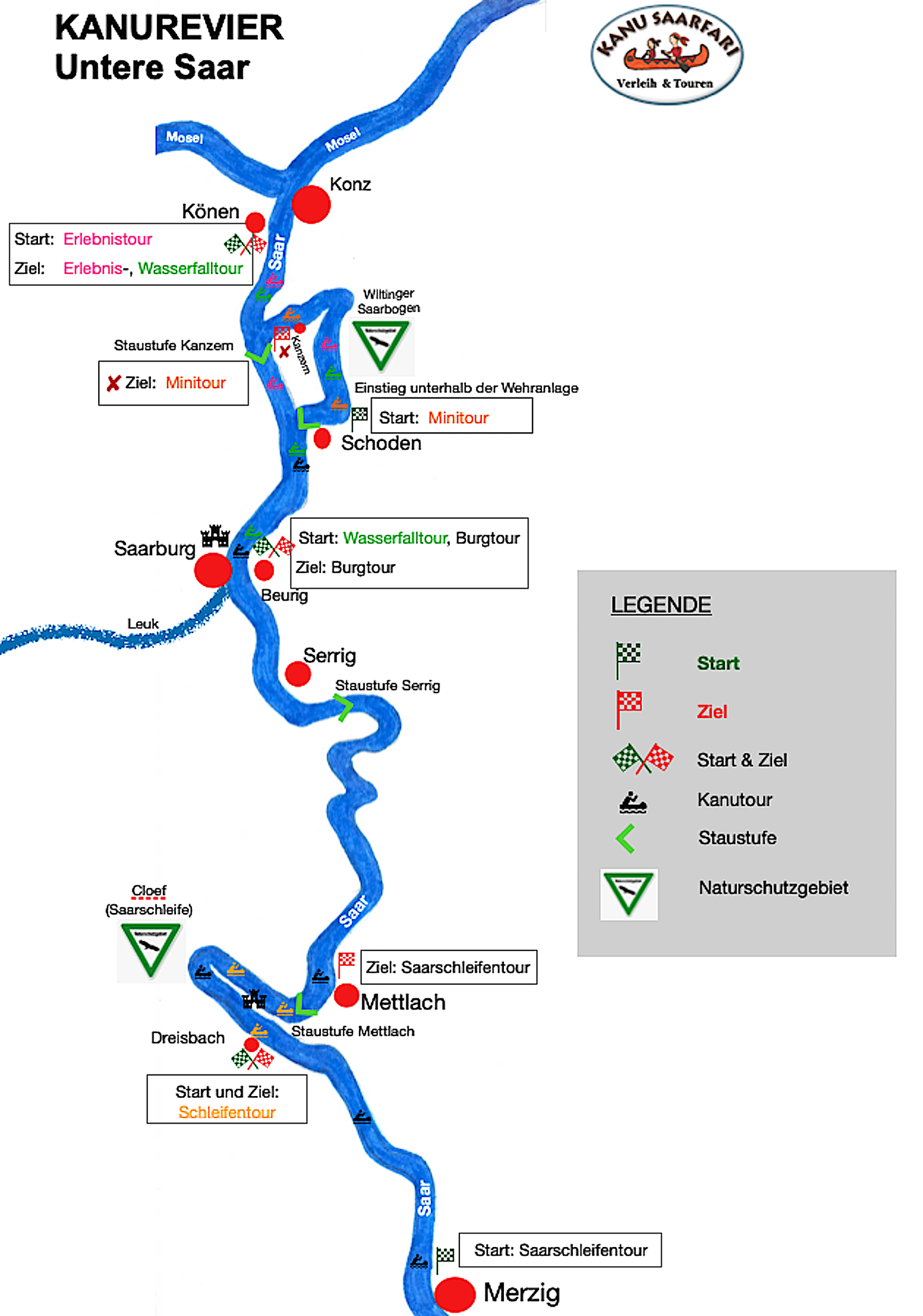 Der Flussverlauf zeigt die Start- und Endpunkte der verschiedenen Kanutouren. 